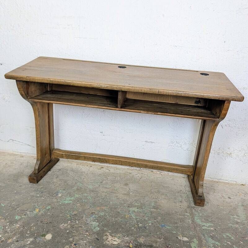 Pupitre d'école double et son banc en bois