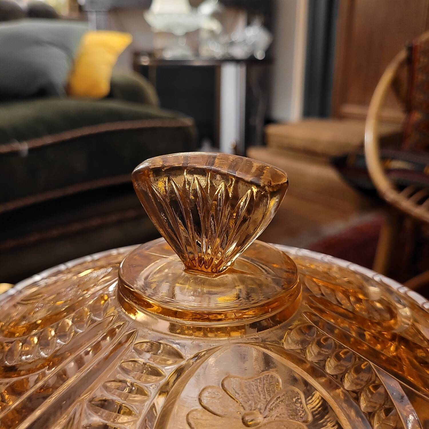 Cut amber glass candy dish – France, 1950s