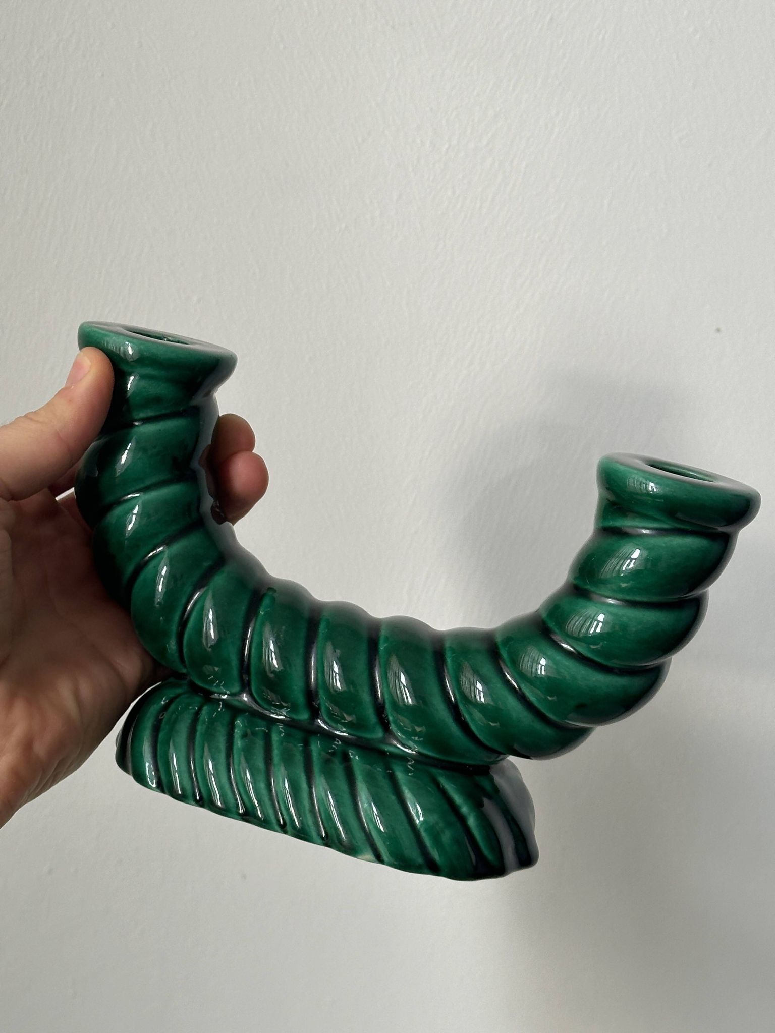 Twisted candle holder with 2 lights from the 40s, in green ceramic