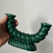 Twisted candle holder with 2 lights from the 40s, in green ceramic