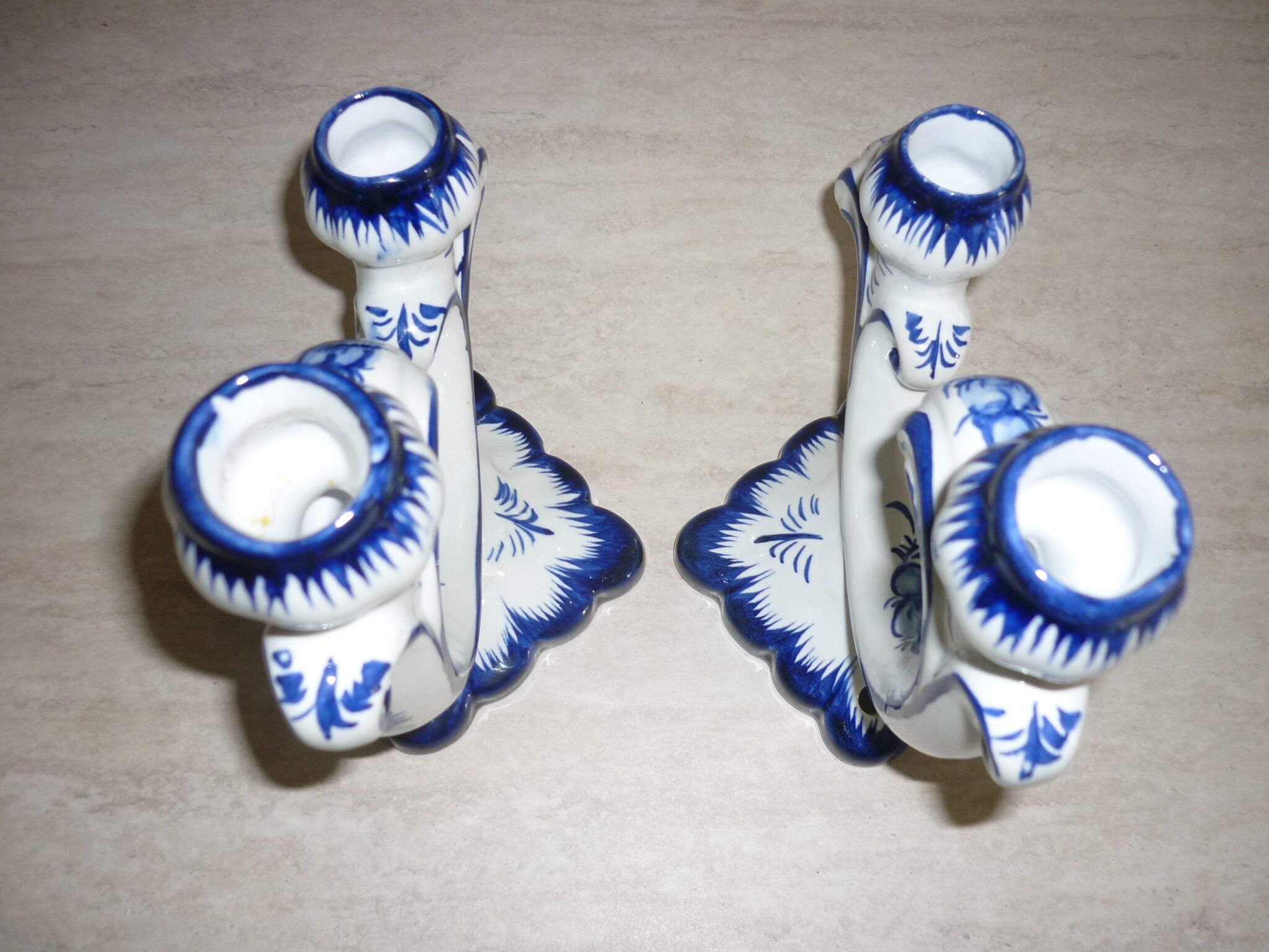 Pair of 2-pointed ceramic candlesticks from Portugal