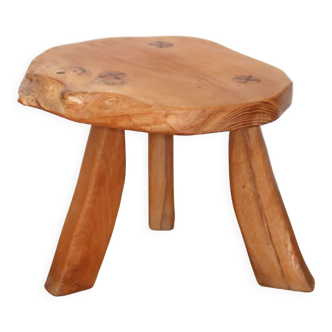 Tabouret tripode bois massif brutaliste vintage