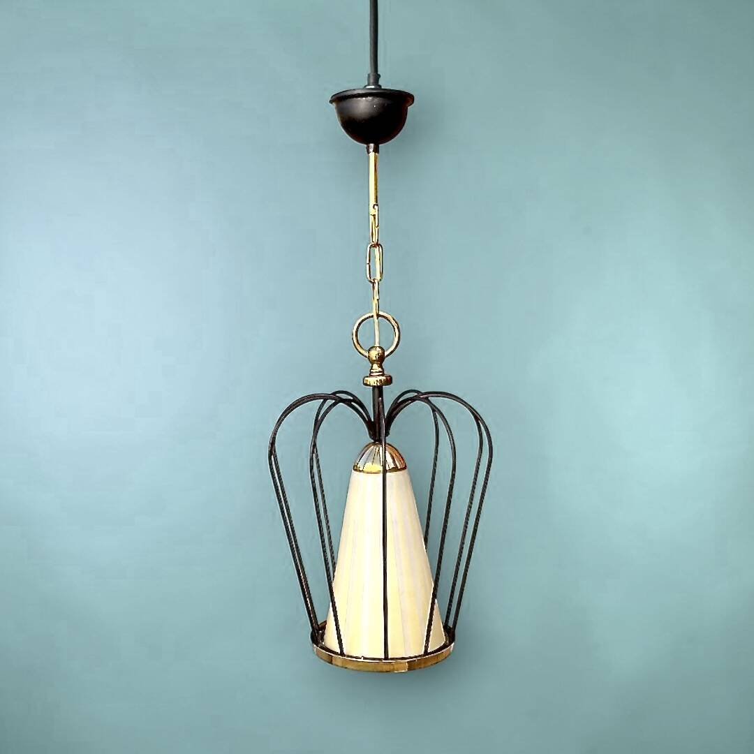 Brass suspension, black metal and striped glass attributed to Massive, 1950s.