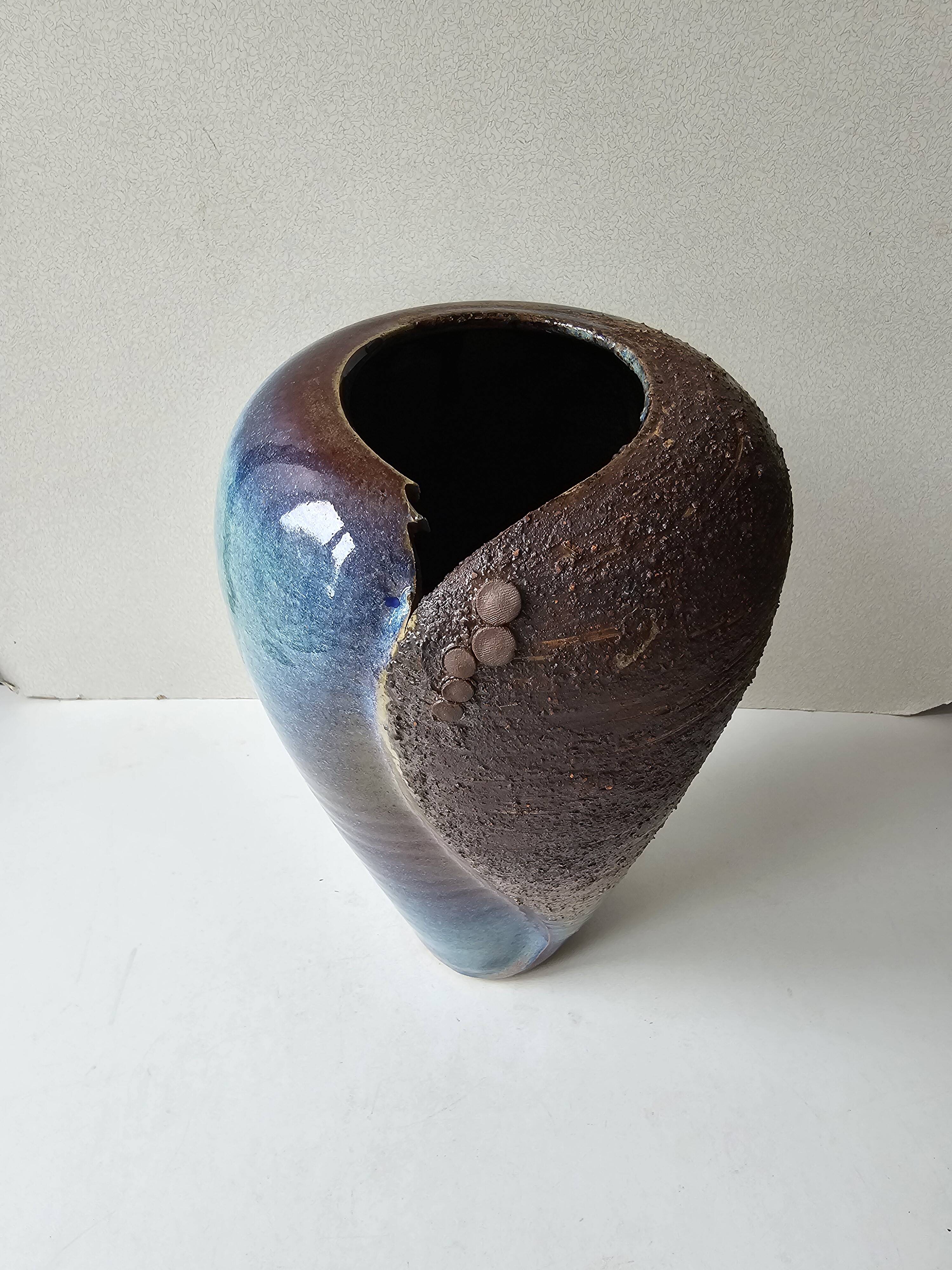 Brutalist ceramic glazed stoneware vase free form (attributed to a & n pinel)