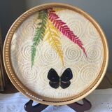 Vintage bamboo tray decorated with ferns and butterflies
