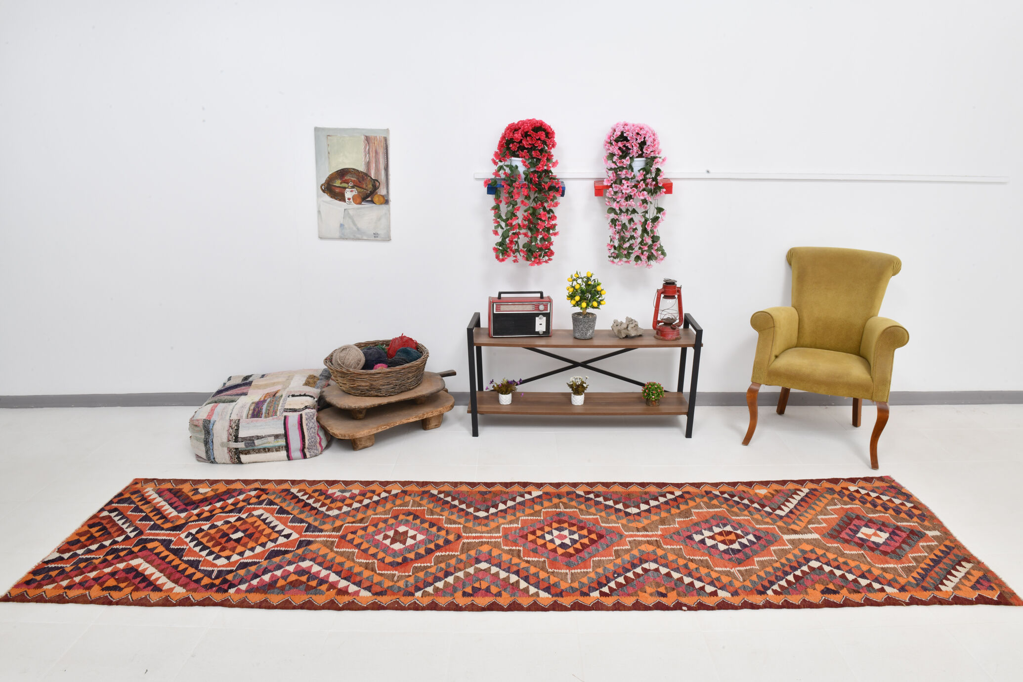 Bold multicolor kilim runner rug,92x395cm