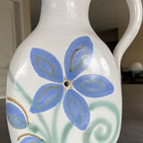 Vintage signed stoneware pitcher jug with floral painting decoration
