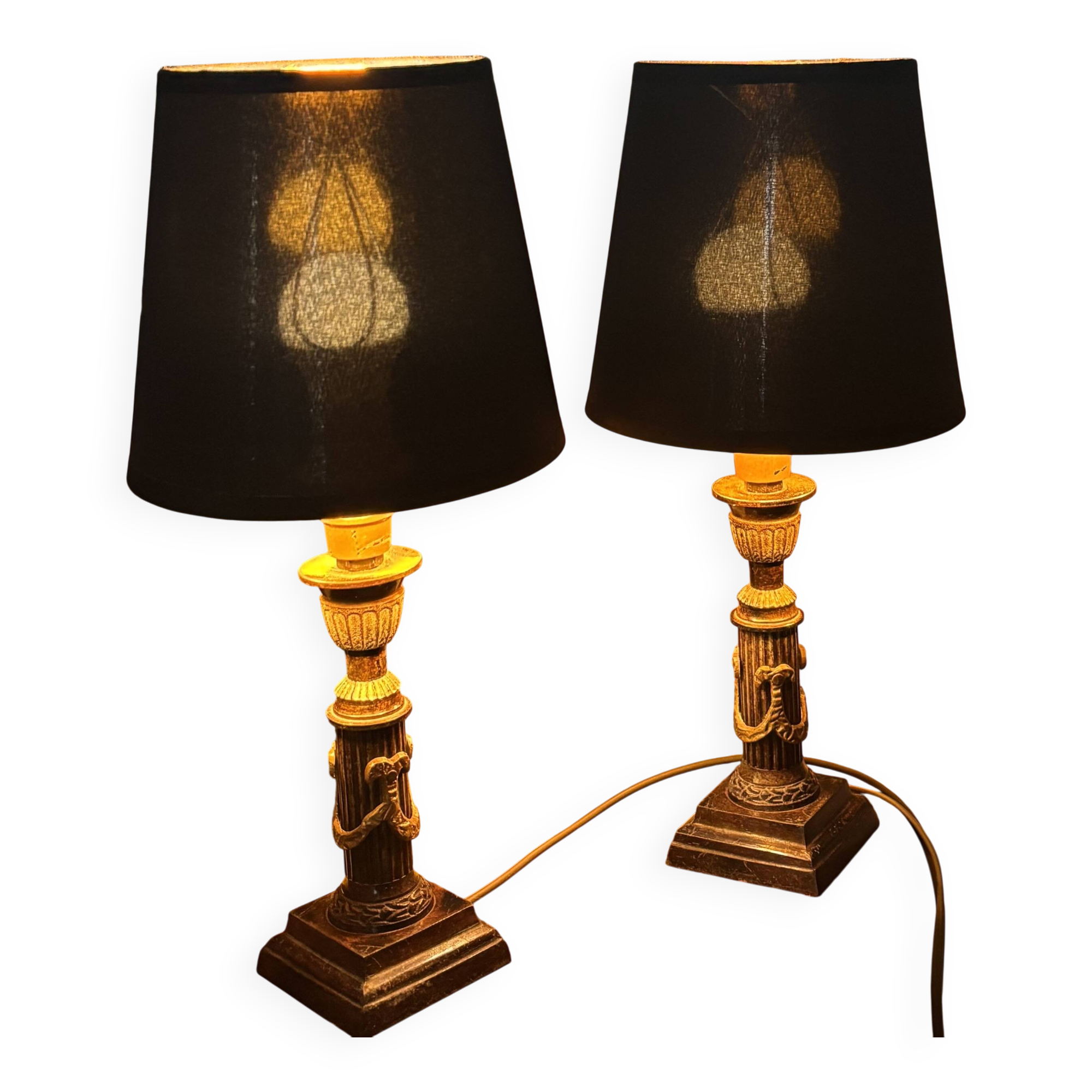 Pair of Empire Style Table Lamps with Patinated Black Bronze and Gilded Mounts