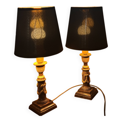 Paire Lampes de Table Style Empire Bronze Patiné Noir Montures Dorées