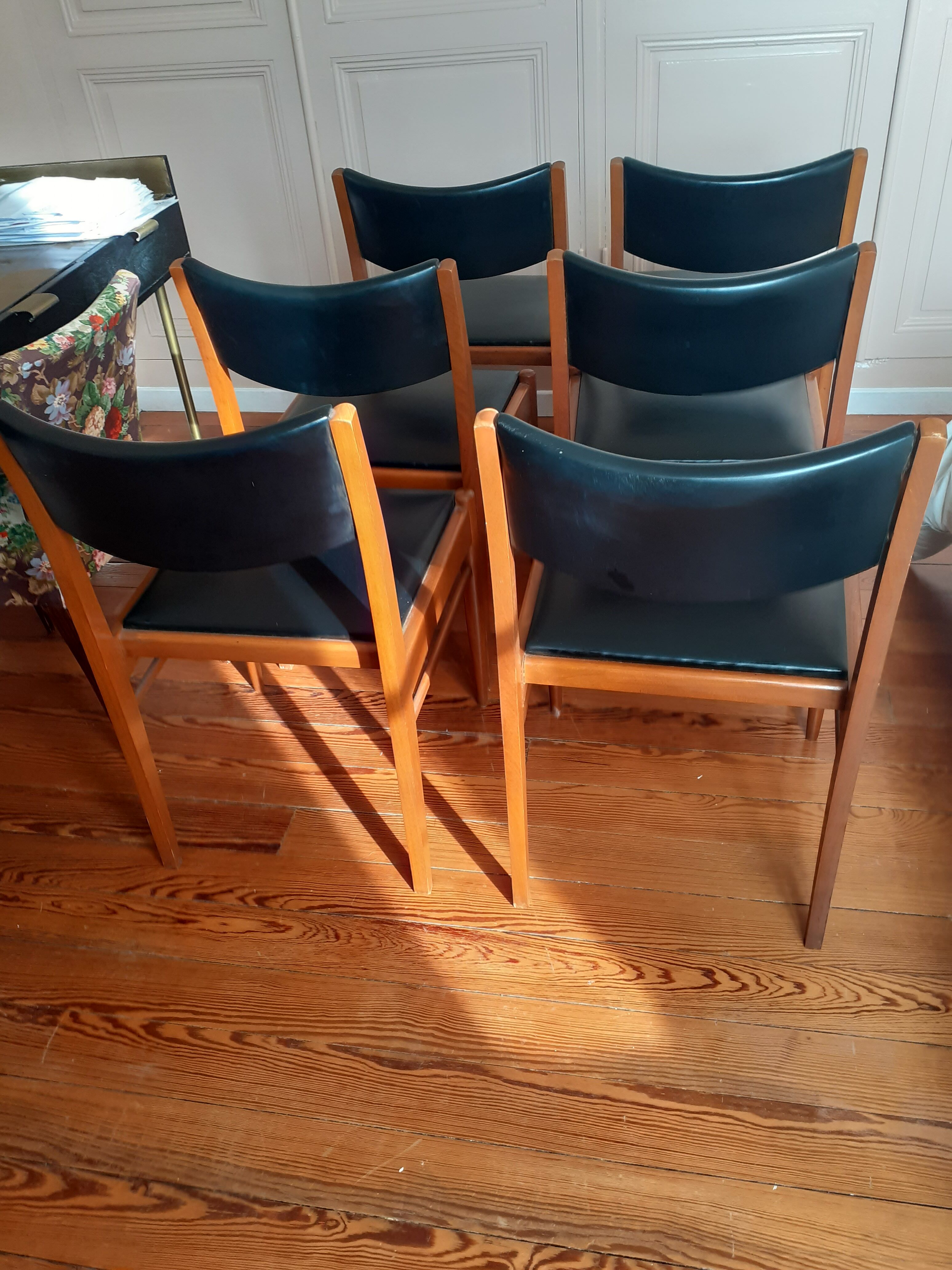 Vintage chairs wood and black leather