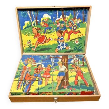 Ancien jeu de cubes vintage bois jeu jura, illustrations noel dufourt