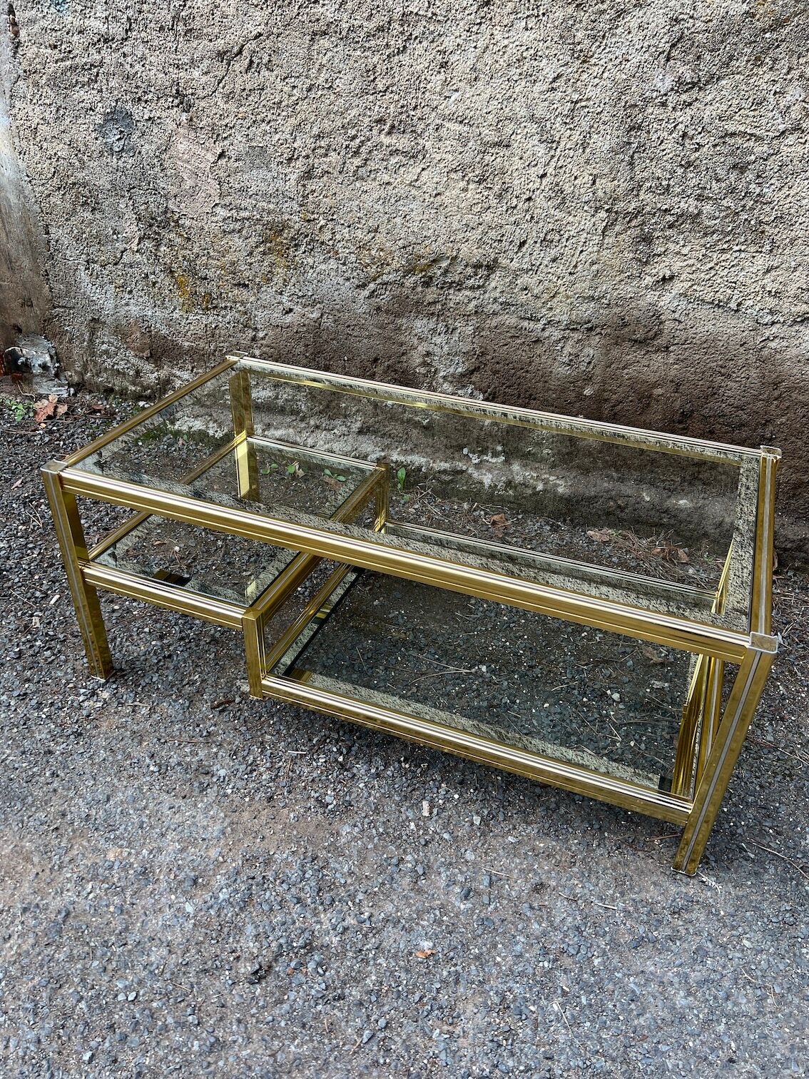 2-level coffee table Roche Bobois Hollywood Regency style brass and glass 70s