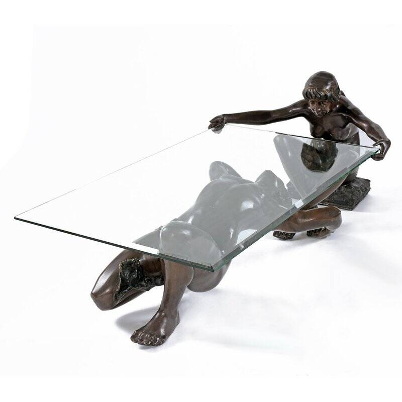 Bronze figural sculpture coffee table with glass top by C. Conndray