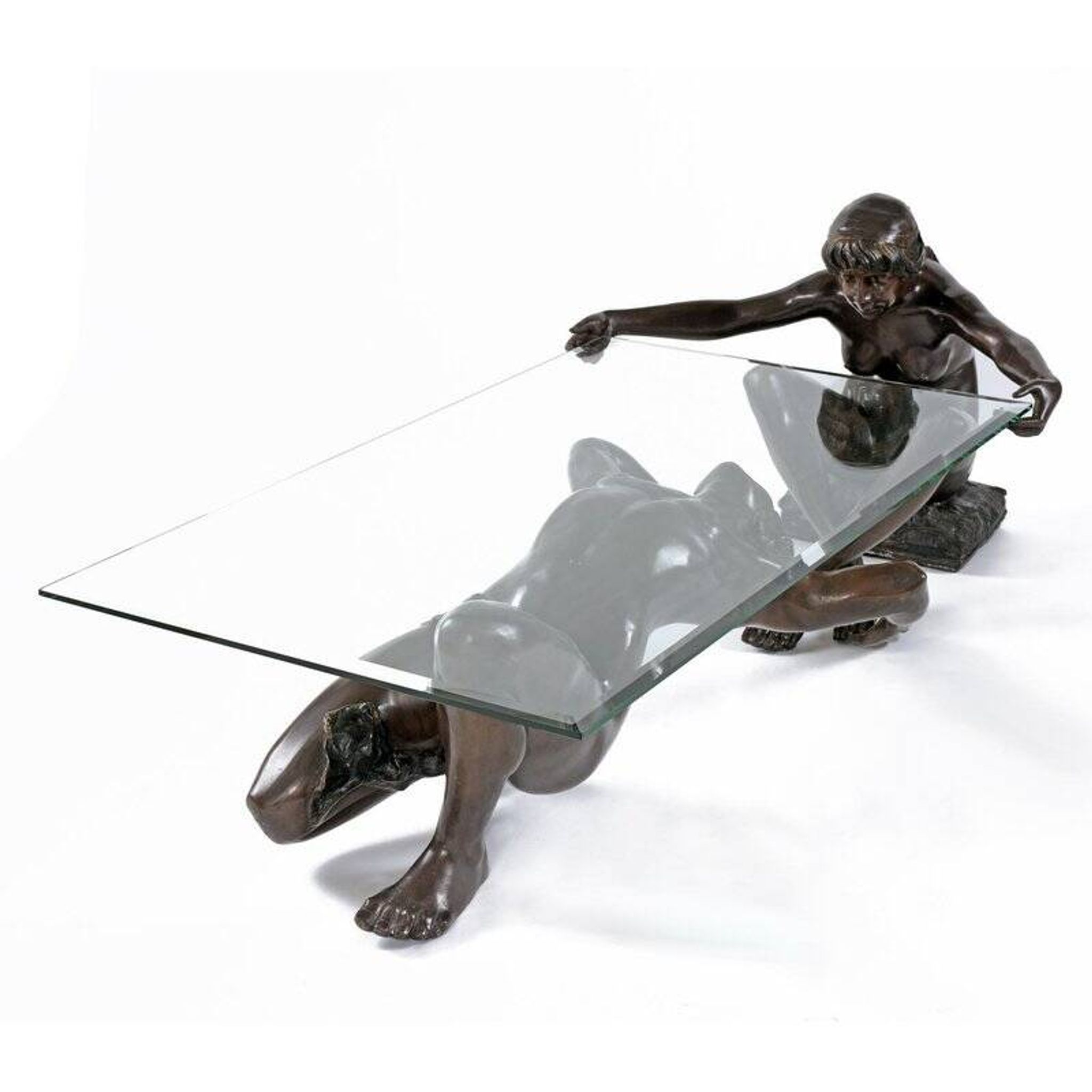 Table basse en bronze avec sculpture figurative et plateau en verre par C. Conndray