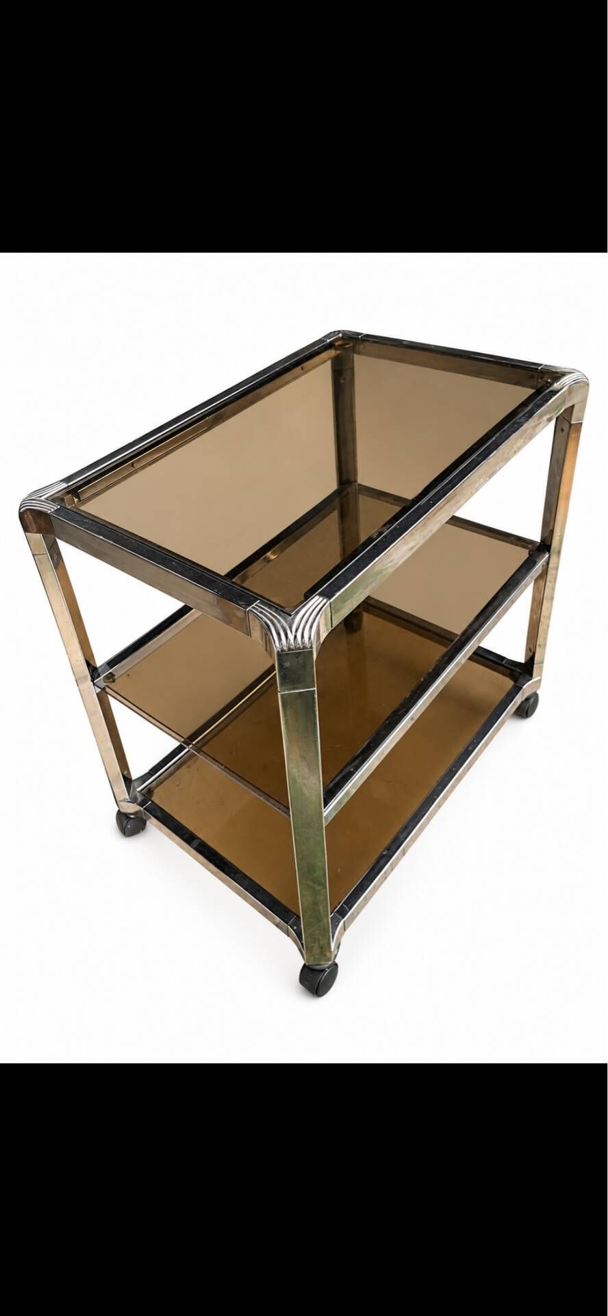 Vintage chrome metal and smoked glass rolling dessert trolley – 70s/80s
