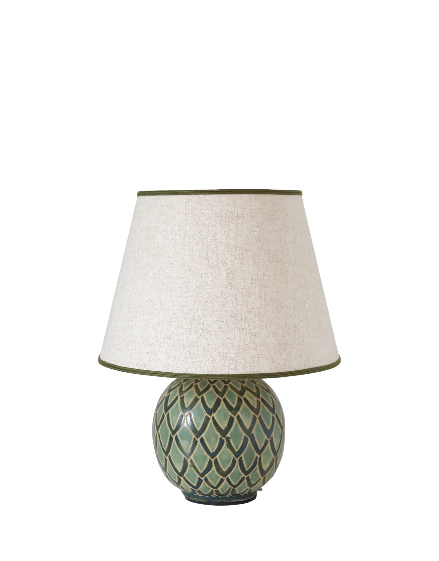 Recycled vintage lamp — ceramic art deco ball base and linen shade