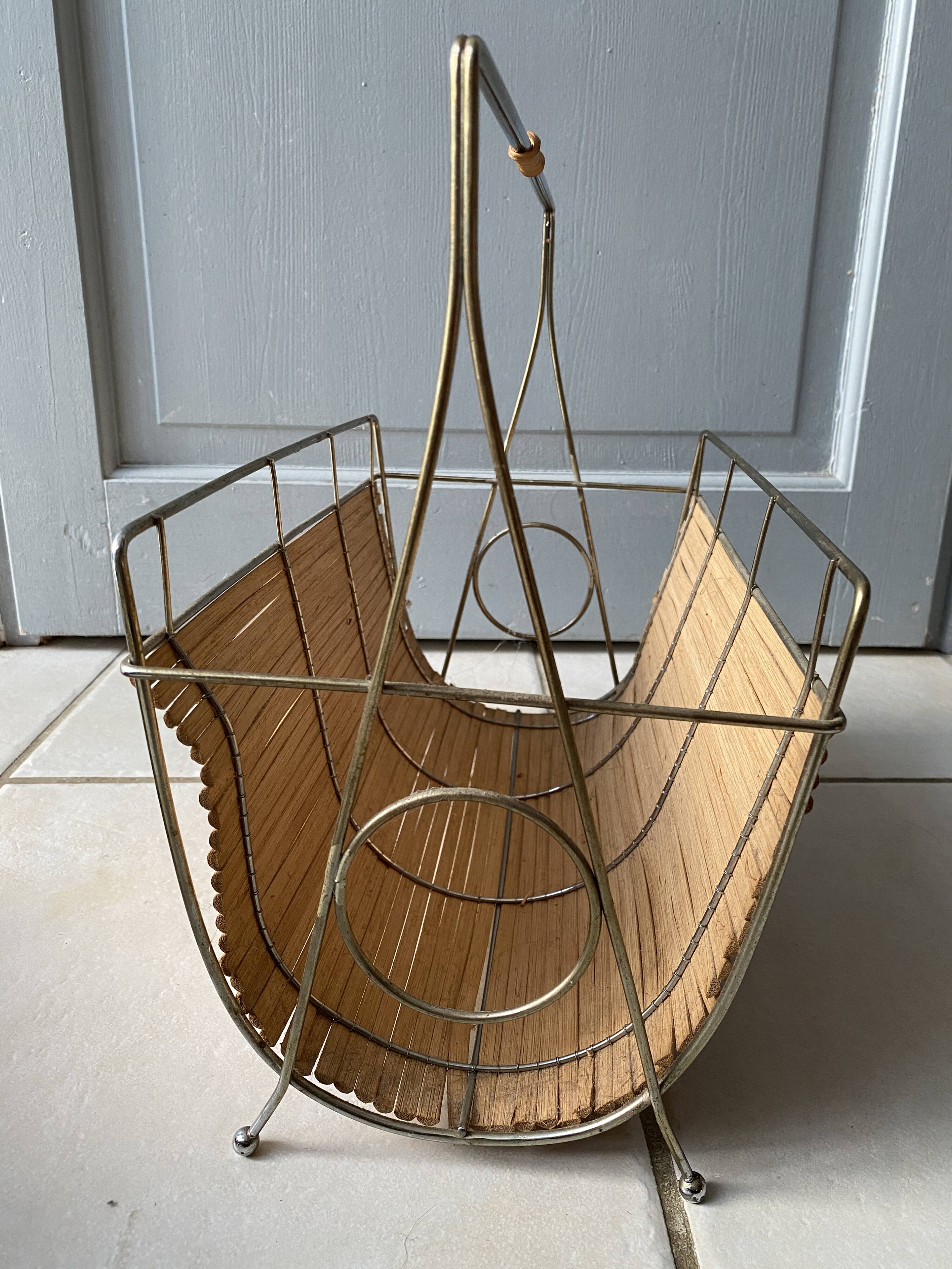 Vintage 1960s magazine rack / newspaper basket, brass & bamboo frame