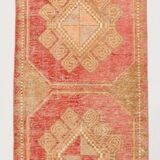 Tapis Couloir Vintage Turc, Rouge Corail, Brun Camel & Beige Géométrique