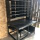 Old black metal postal sorting furniture + 30 perforated lockers + vintage stool