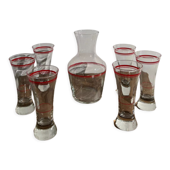 Carafe vintage en verre à liseré rouge et ses 6 verres