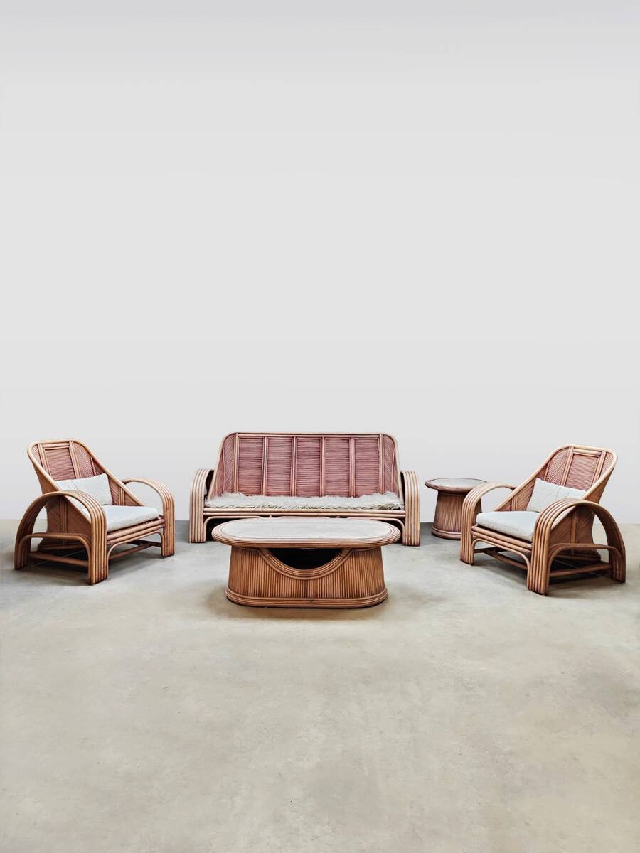 Ensemble de salon vintage en rotin rose et bambou