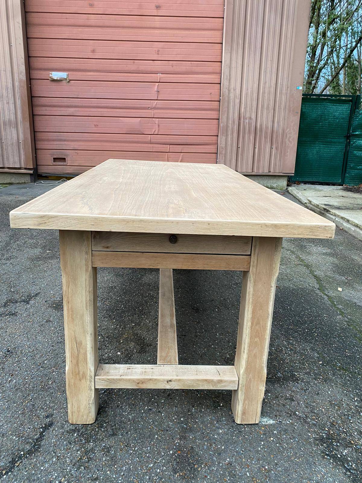 Renovated farmhouse dining table in raw oak from the 20th century, 180cm with drawer.