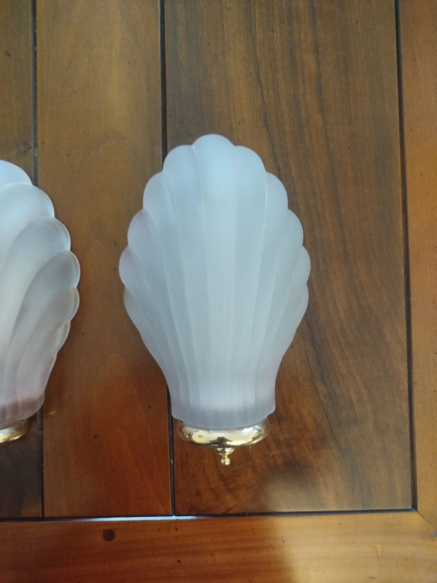 Pair of Art Deco shell wall sconces in frosted glass and brass.