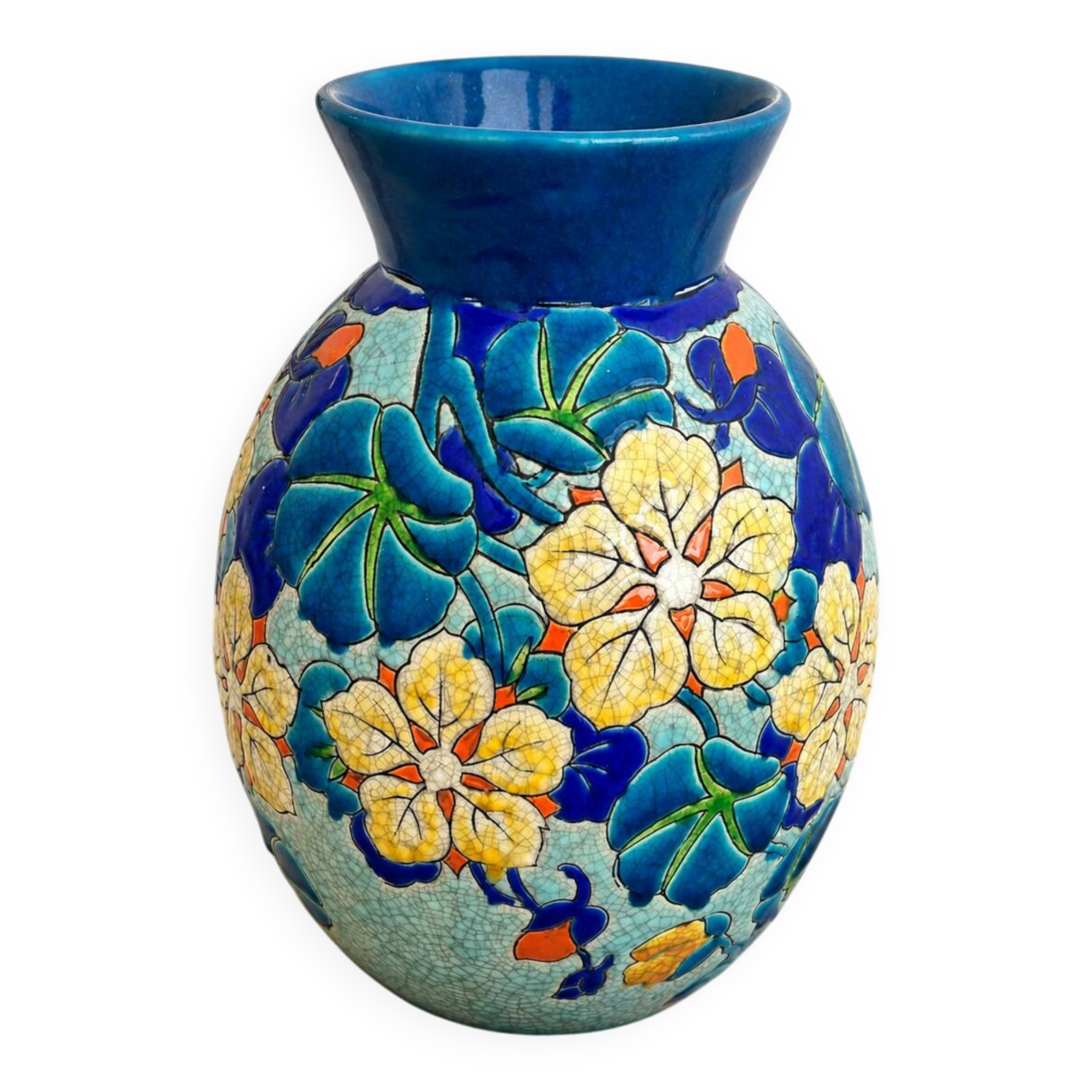 Art Deco vase Boch Frères Keramis, capucine decoration D.2762, crackled enamel
