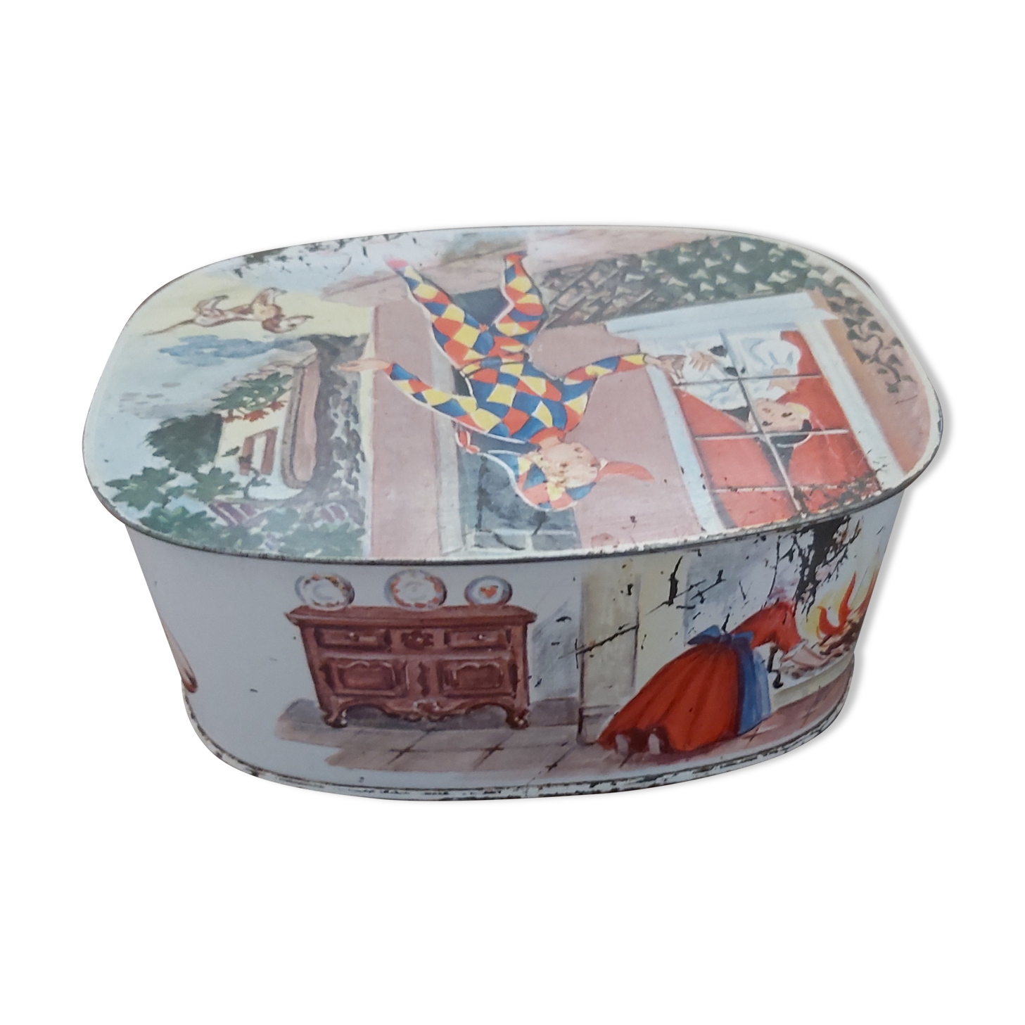 Antique metal box Columbine and Harlequin