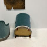 Duo of upholstered blue toad armchairs