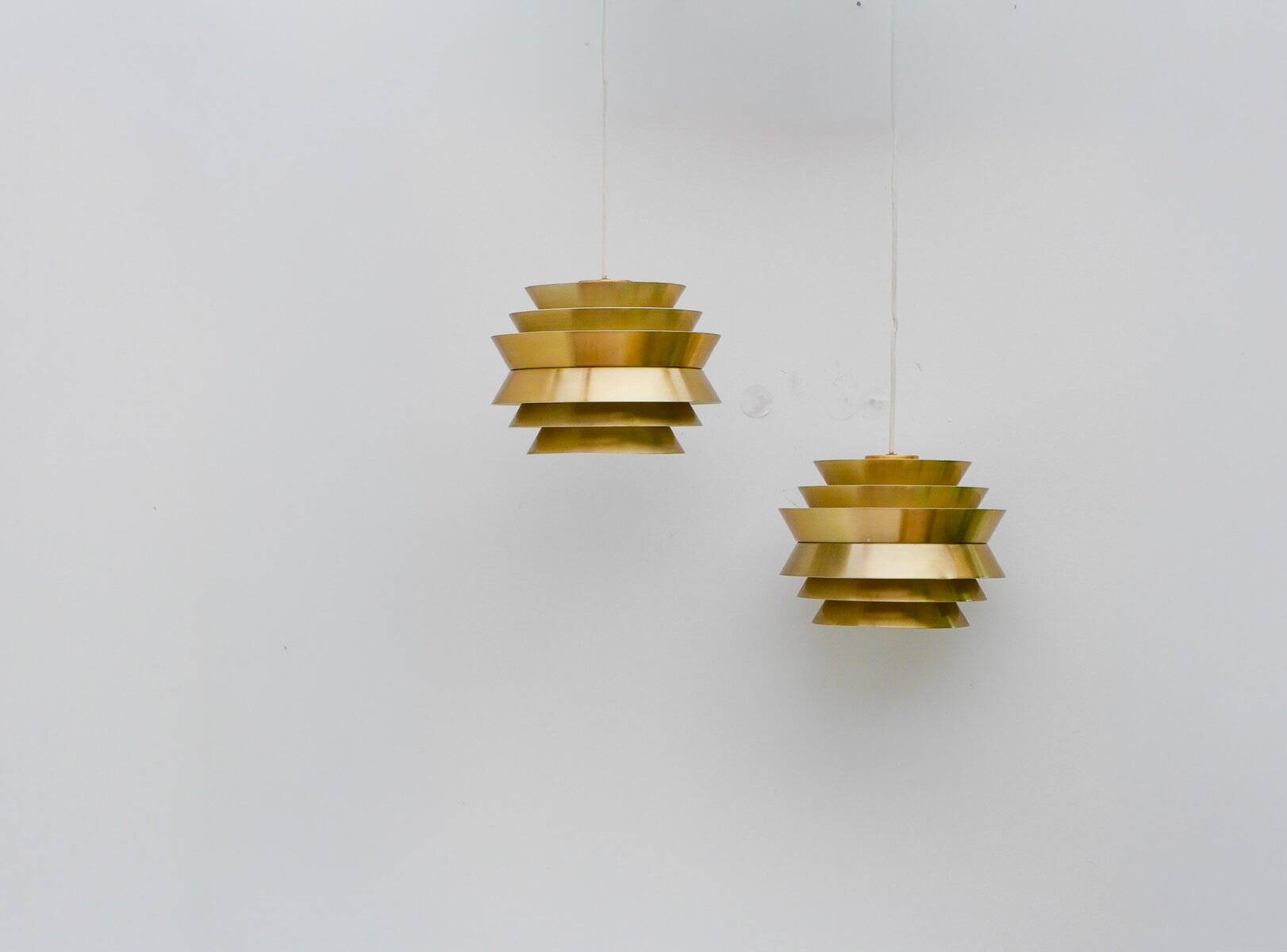 Brass-coloured metal pendant Trava lamps by Carl Thore, Sweden from Granhaga Metallindustri, 1960s, set of 2