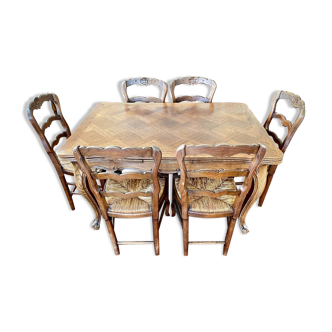 Louis XV style oak table + 6 chairs