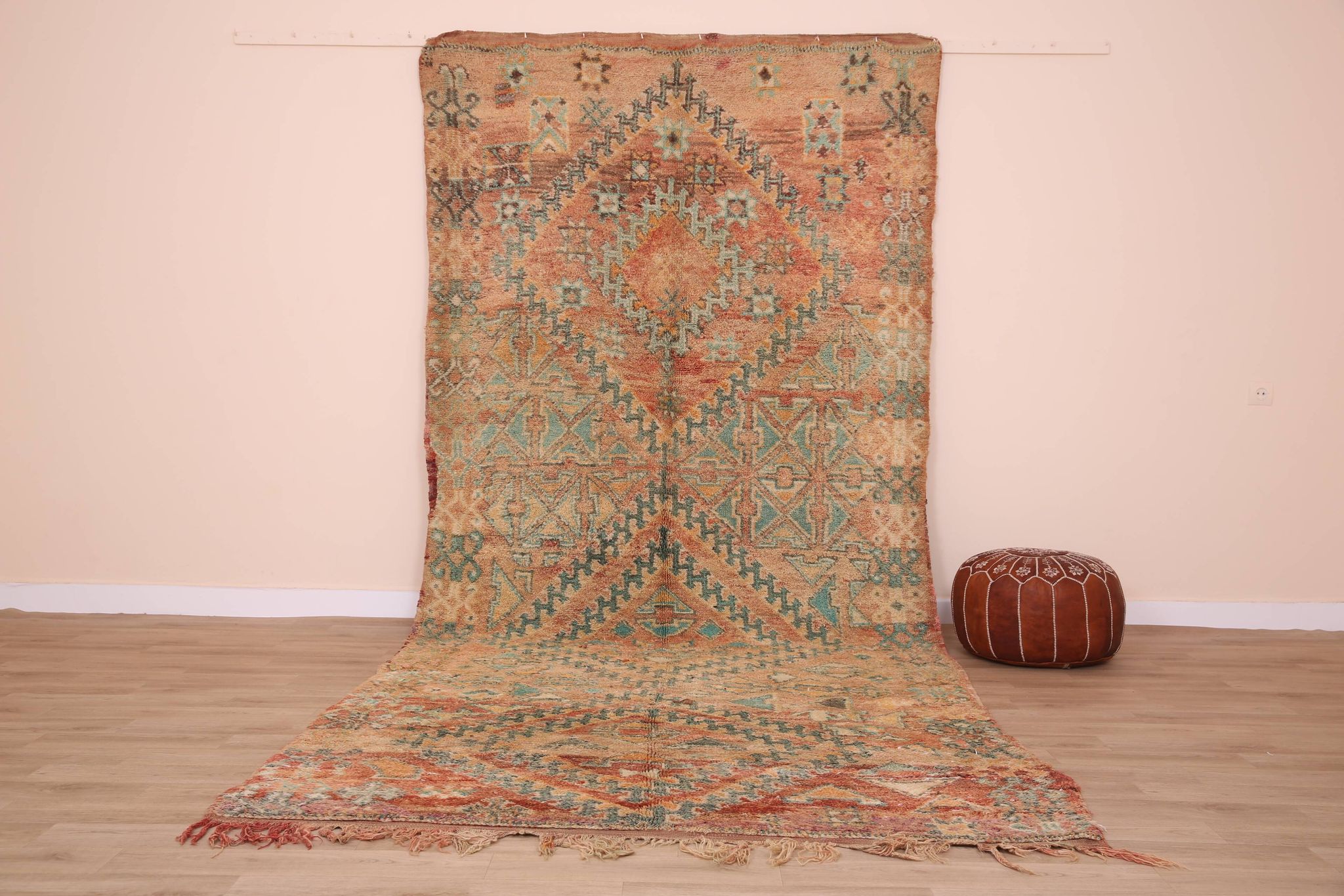 Peach Vintage Moroccan Rug 173 x 383 cm, Berber Wool Rug, Handmade Boho Rug
