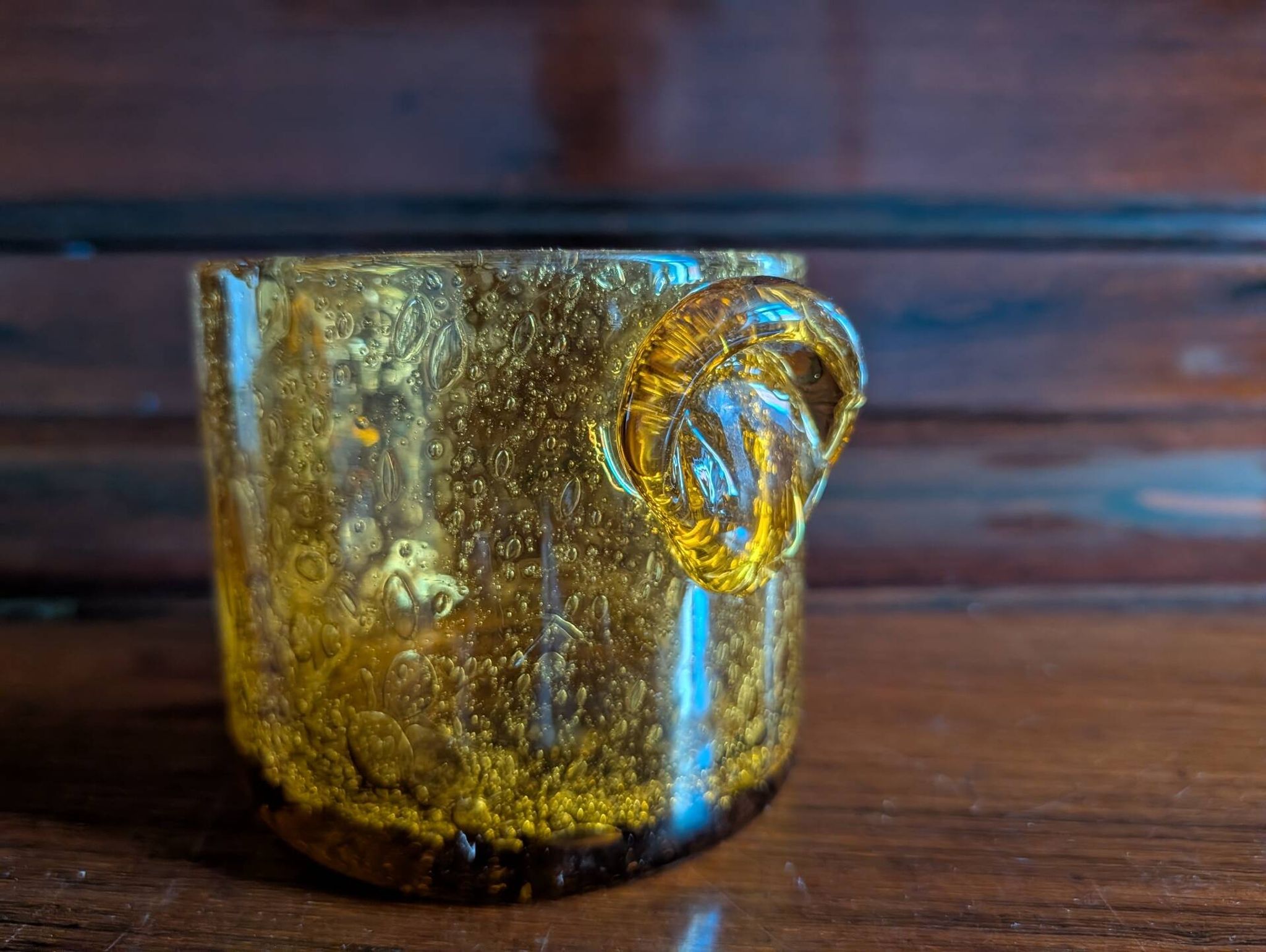 Small vase or amber bubbled glass tealight holder
