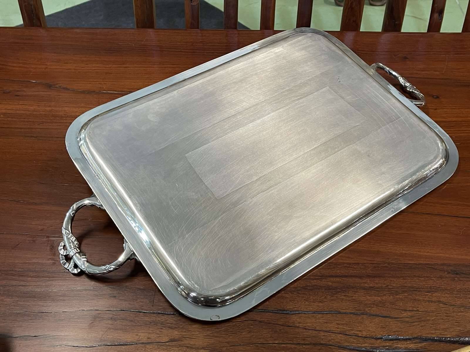 Rectangular tray with LOUIS XVI style handles in silver-plated metal, work from the 1950s