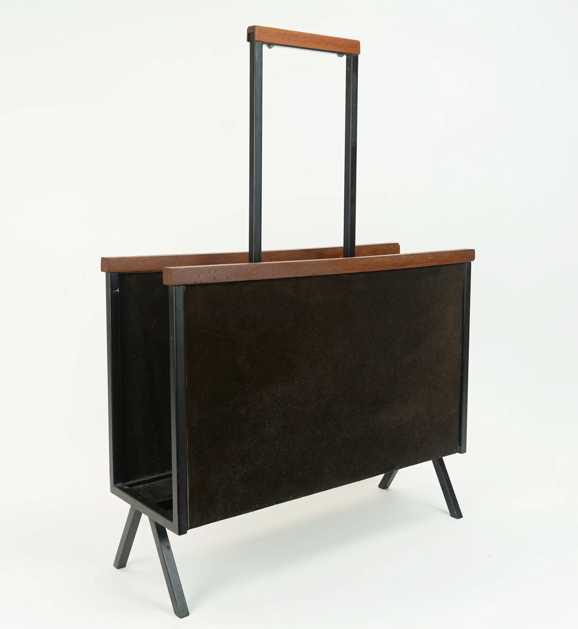 1960s mid century MAGAZINE RACK newspaper holder brown suede metal teakwood