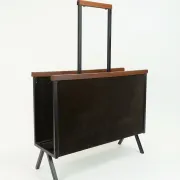 1960s mid century MAGAZINE RACK newspaper holder brown suede metal teakwood