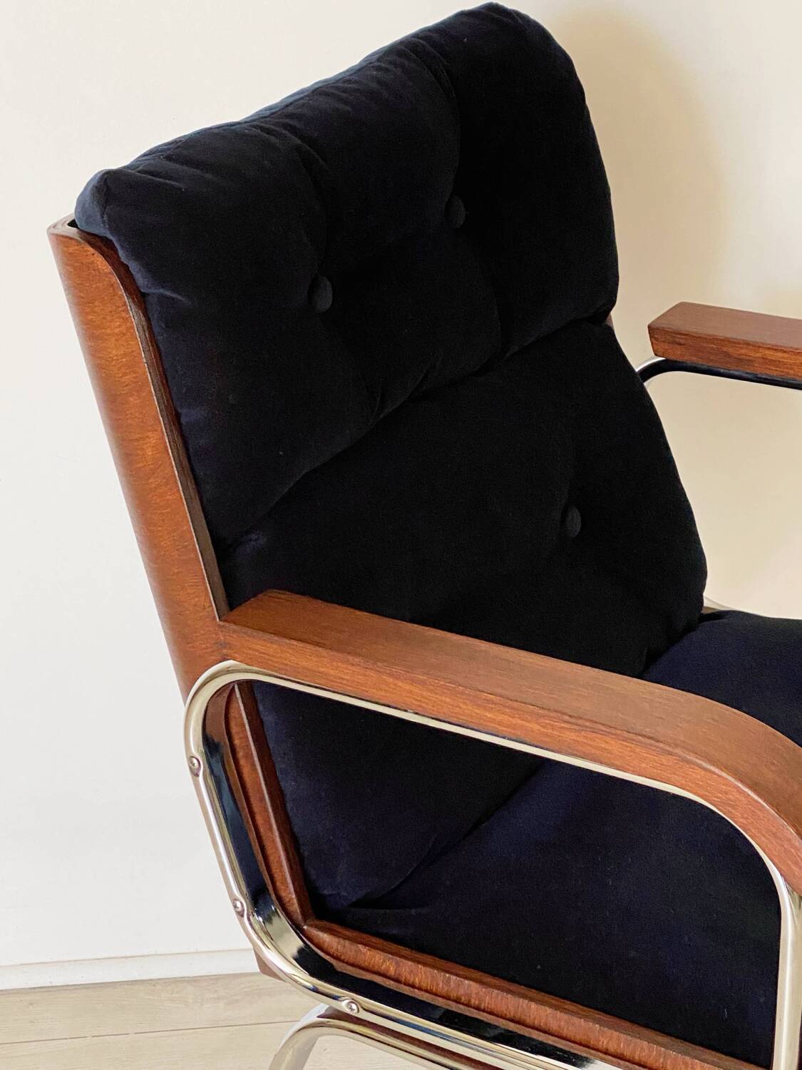 Vintage wood and metal velvet armchair