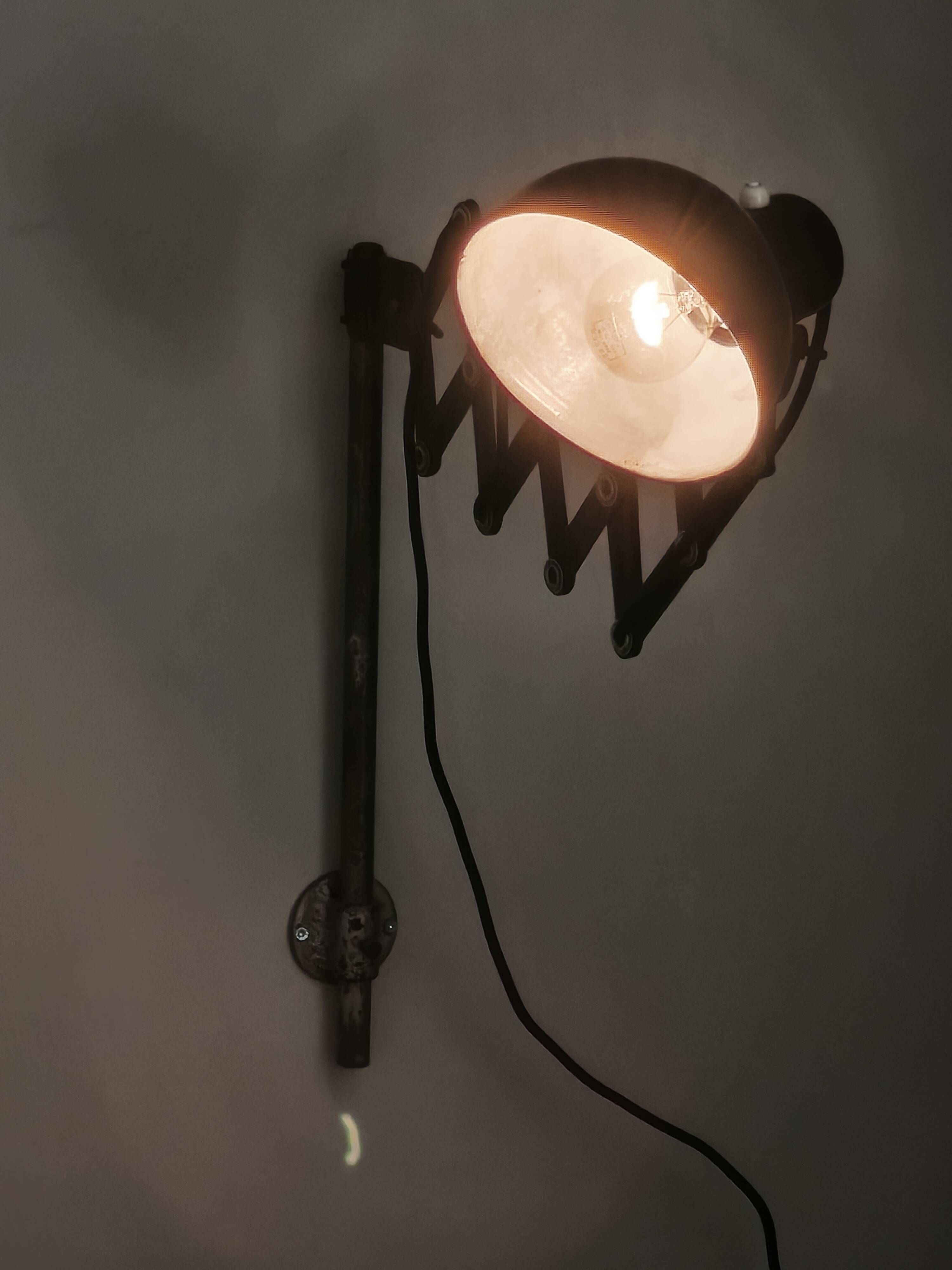 1930s Bauhaus Industrial Scissor Arm Wall Lamp, Black Enamel, Czechoslovakia