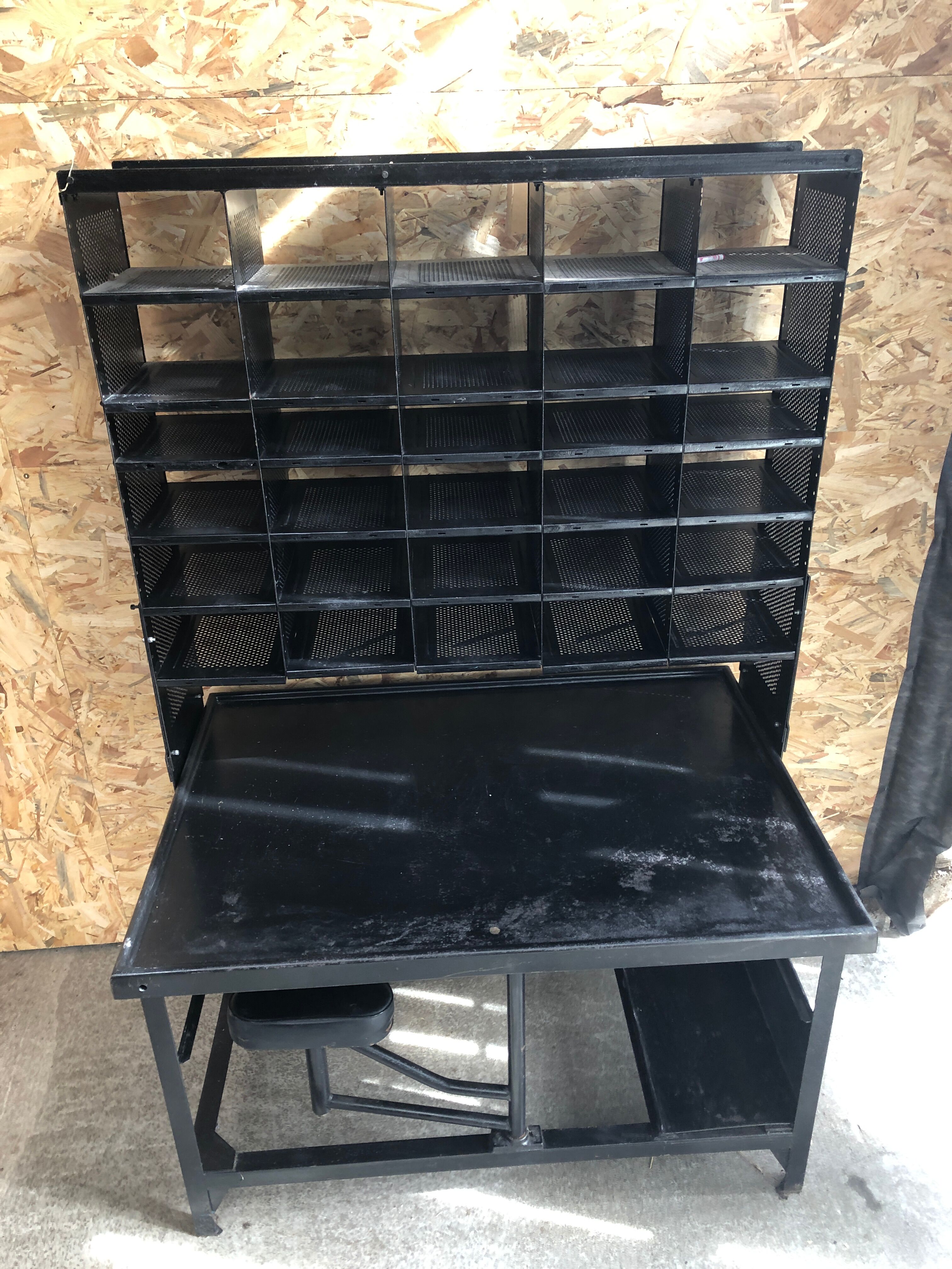 Old black metal postal sorting furniture + 30 perforated lockers + vintage stool
