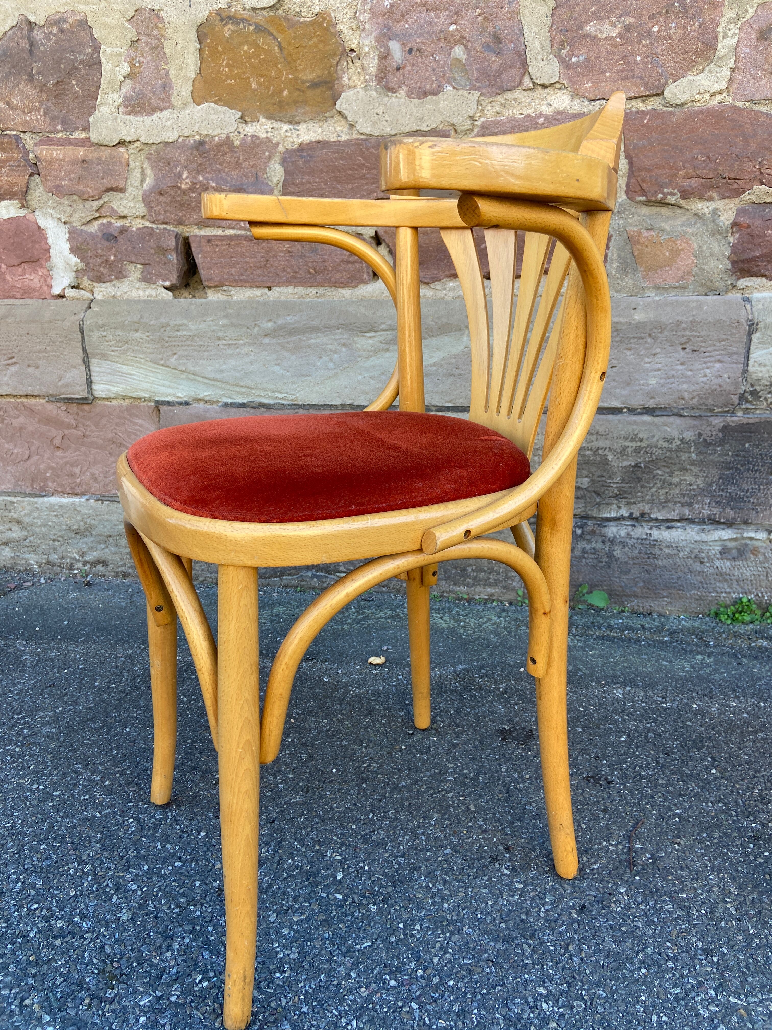 Pair of vintage 80s thonet Baumann style curved wood restaurant armchairs