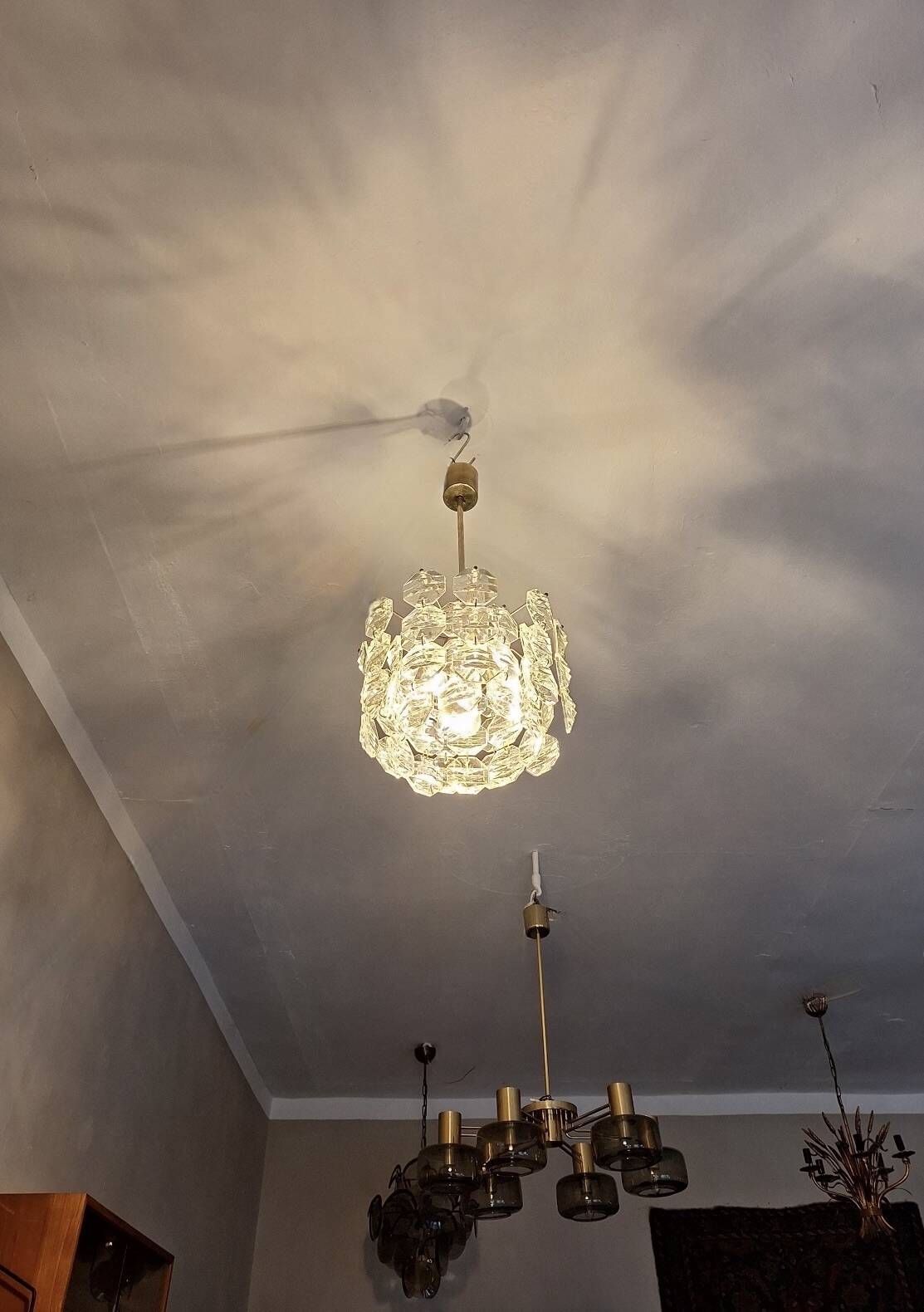 Kinkeldey brass and faceted glass 3-level chandelier, 1960s