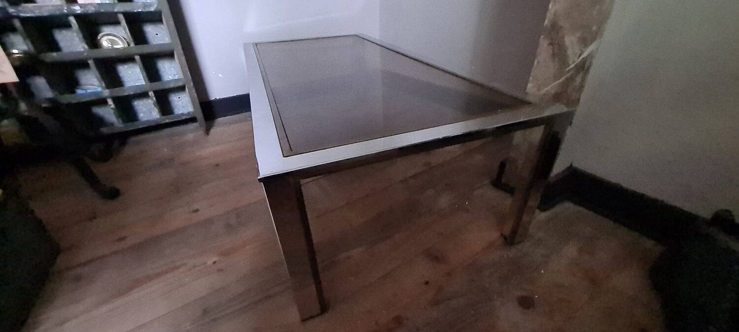 Table de salon en chrome, laiton et verre