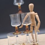 Set of 6 antique Luminarc glasses with amber feet