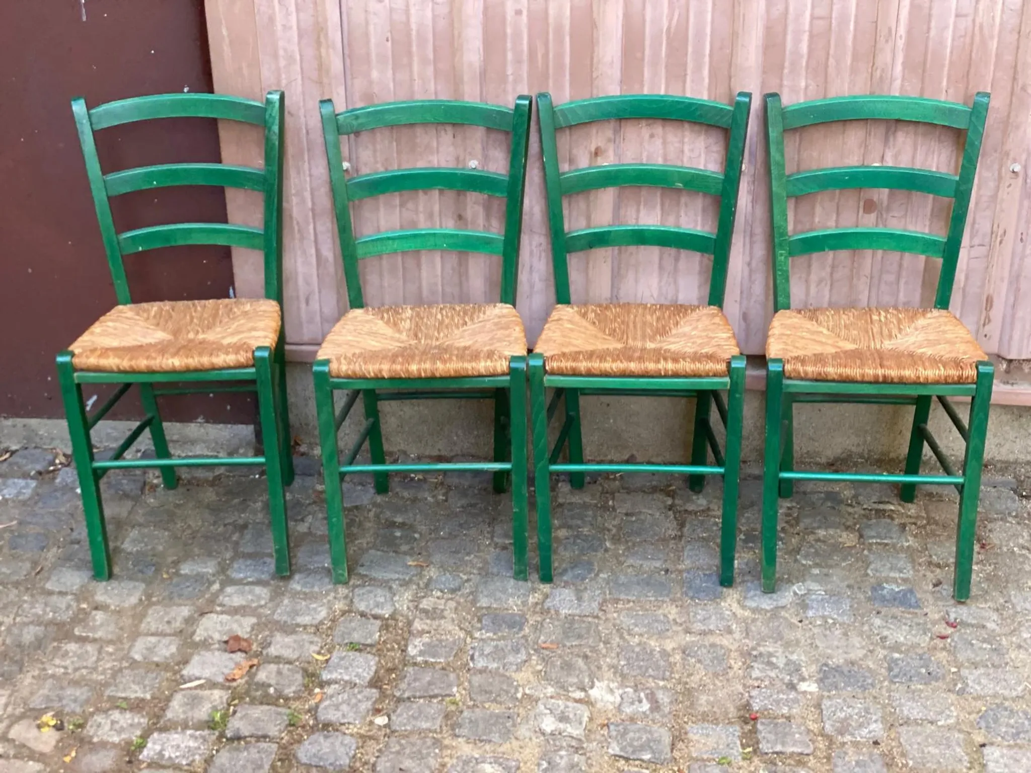 4 solid wood green straw chairs in Bistrot Campagne style from the 1980s.