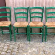 4 solid wood green straw chairs in Bistrot Campagne style from the 1980s.