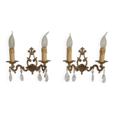 Pair of French Vintage Cast Bronze & Crystal Open Back Double Wall Lights