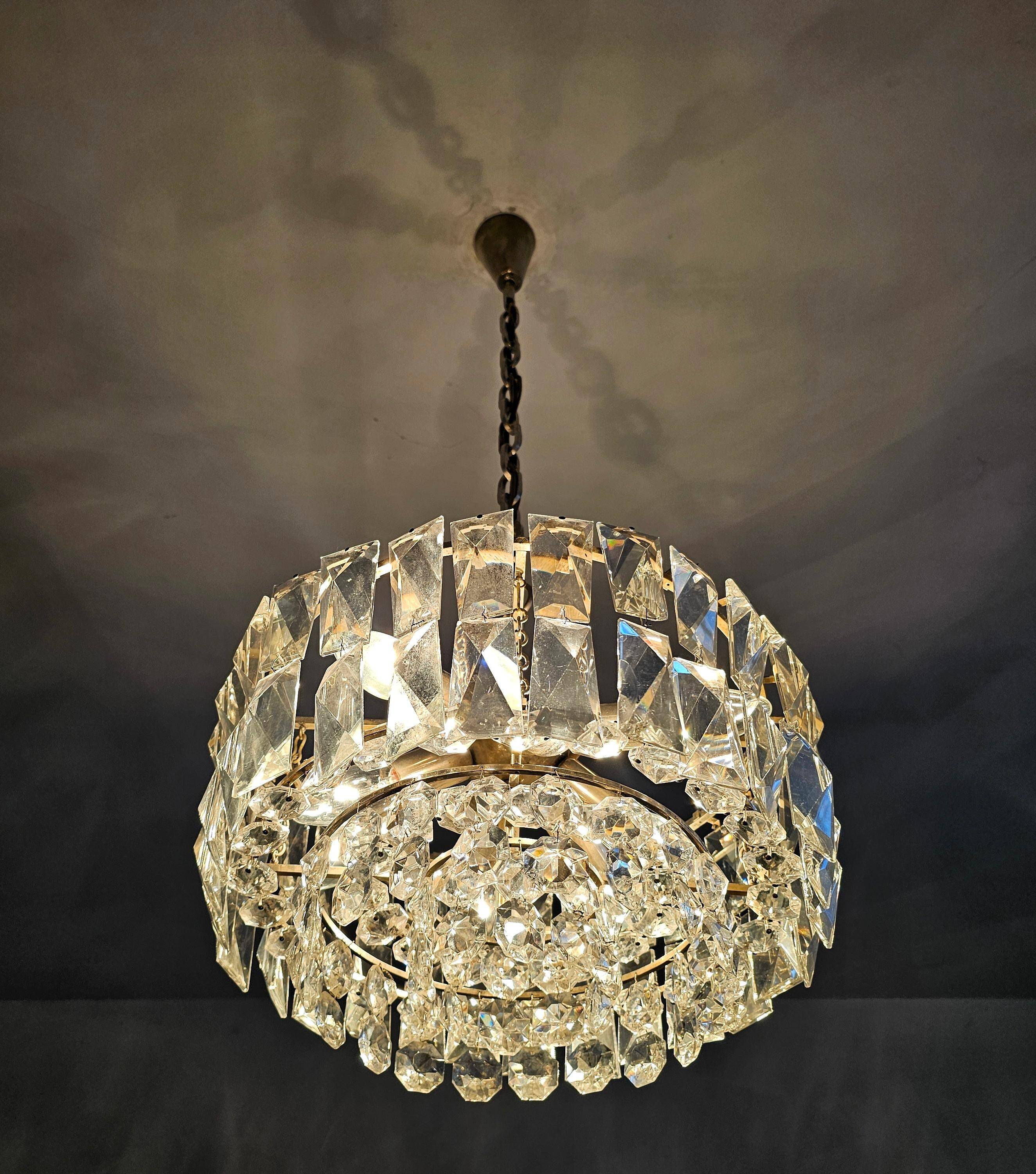 Nickel-plated crystal chandelier Mid Century Modern by Bakalowits