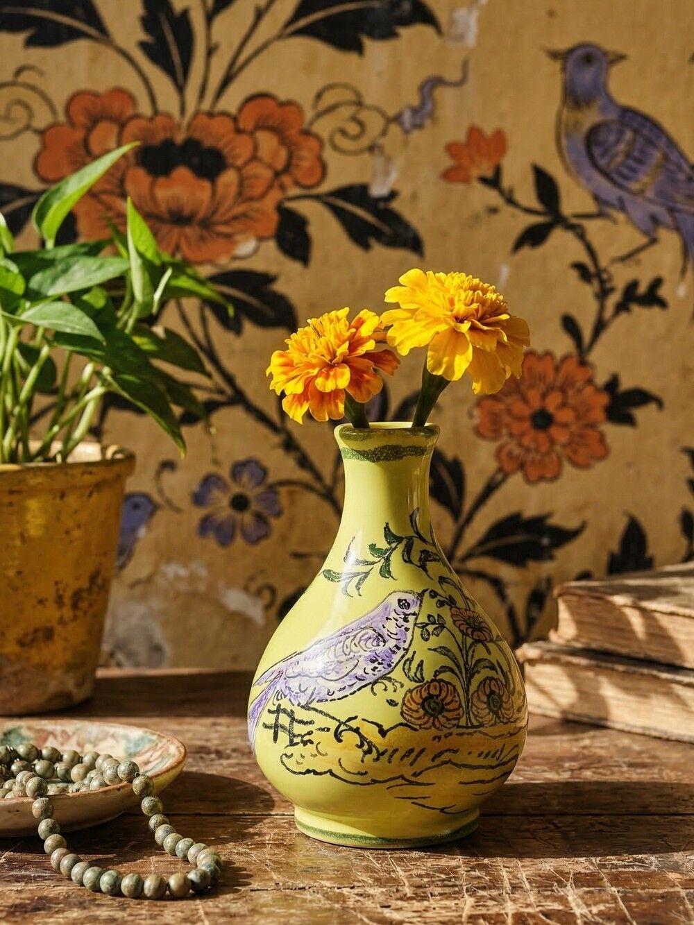 Small ceramic vase signed Henri Siffre Montpellier, bird decoration, 1950s-60s.