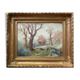 Watercolor painting signed A. Jaffoux "Landscape of undergrowth" with frame